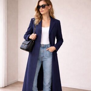 Y2K Navy Maxi Dress Coat – Long Tailored Button Front Duster